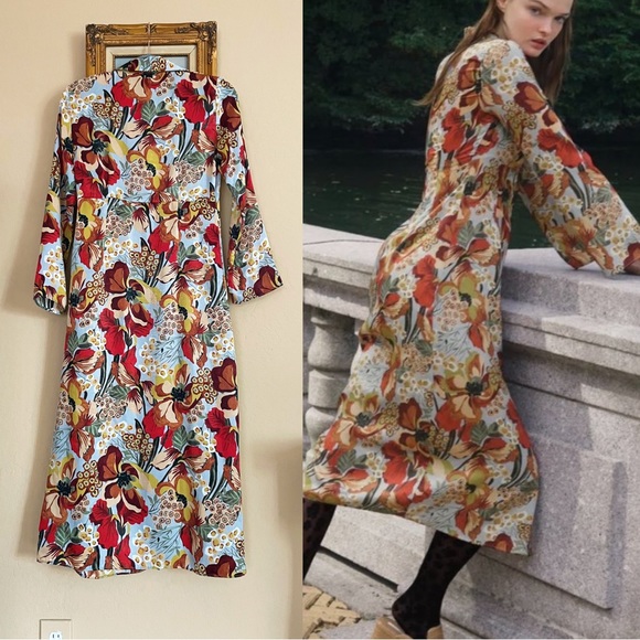 ZARA Blue Silky Satin Floral Printed Long Sleeve Button Down Midi Shirt Dress - Picture 12 of 17